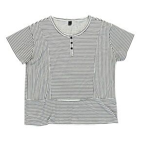 Emery Rose Black and White Striped Buttoned Short Sleeve Tee Womens Blouse XXL